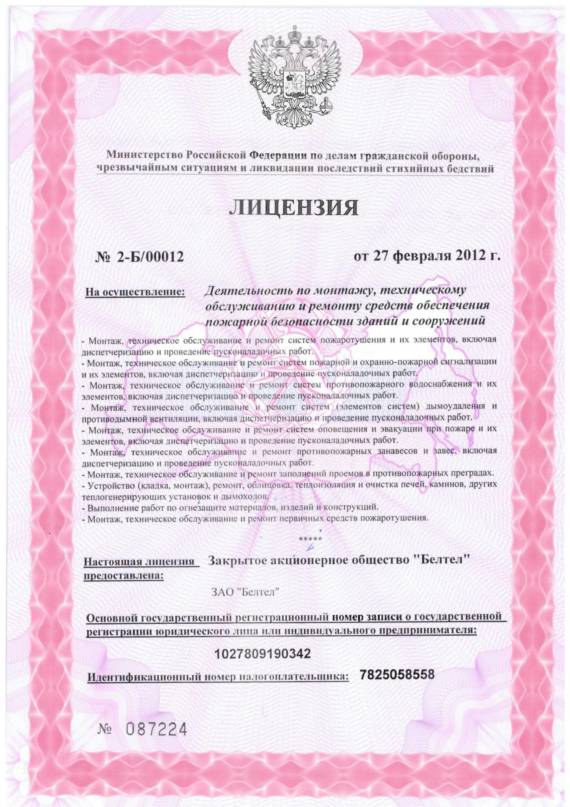 Лицензия Министерства РФ по делам ГО, ЧС и ликвидации последствий стихийных бедствий